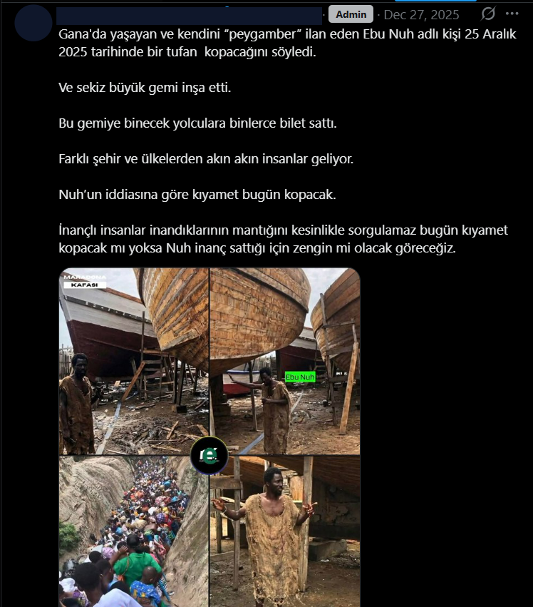 Bu paylaşımda: "İnançlı insanlar inandıklarının mantığını kesinlikle sorgulamaz." denerek konuyla tamamen alakasız bir çıkarım, "Semavi dinlere inanmak" ile özdeşleştirilmeye çalışılmaktadır. 
- Bir kişinin yalancı peygamberlik iddiasında bulunması, tüm peygamberlerin yalancı olduğu anlamına gelmez. 
- Yalanlarla süslenerek sunulan bir vakanın yanlış olması, geçmişte bu vakaya benzer tüm olayların yanlış olduğu anlamına gelmez. 
Sonuç olarak, münferit olaylar üzerinden bir genelleme yapmak ve bunun sonucunda yargılara varmak akıl ve mantık ile izah edilemez. Ancak bu iki örnek bir araya getirilerek, kötü olayın hissettirdiği duygu İslâm'a aktarılmaya çalışılmıştır.